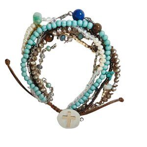 Cross, Natural Stone, Crystal Beaded Glass Turquoise Bracet